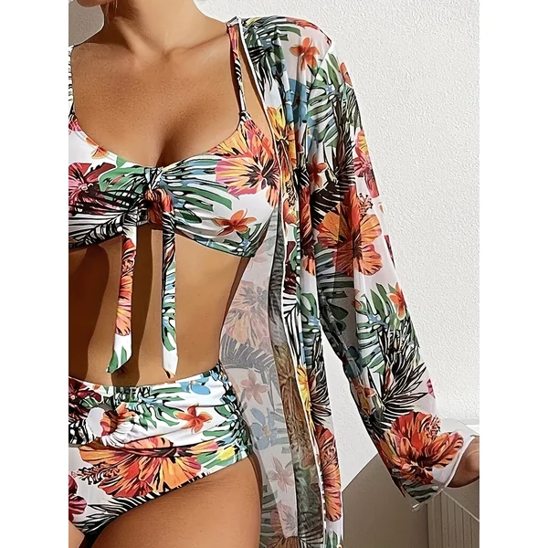 Bikini 3 pièces tropical avec paréo à manches longues