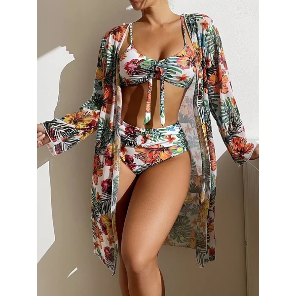 Bikini 3 pièces tropical avec paréo à manches longues