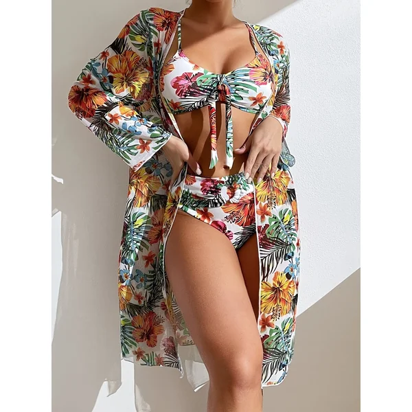 Bikini 3 pièces tropical avec paréo à manches longues
