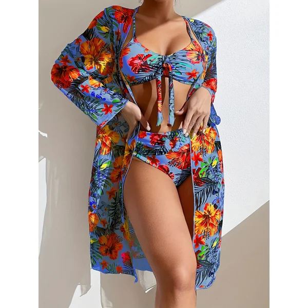 Bikini 3 pièces tropical avec paréo à manches longues