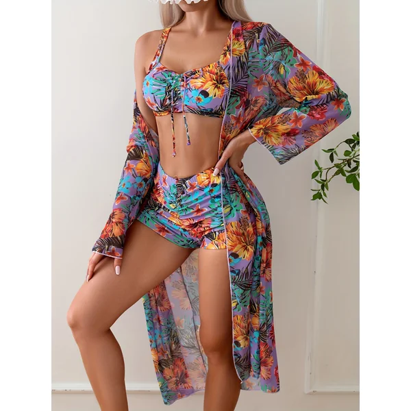 Bikini 3 pièces tropical, paréo, top noué, short taille haute.