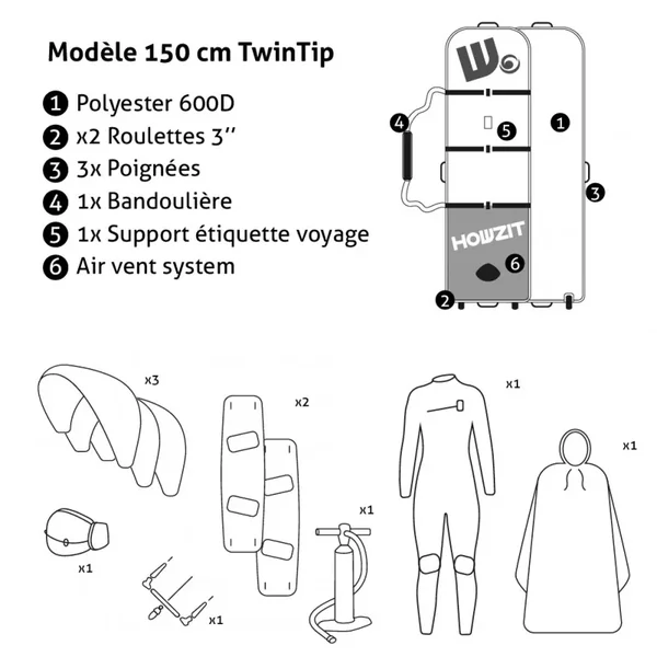 BOARDBAG A ROULETTE KITESURF TWINTIP HOWZIT TAKE OFF 150 CM