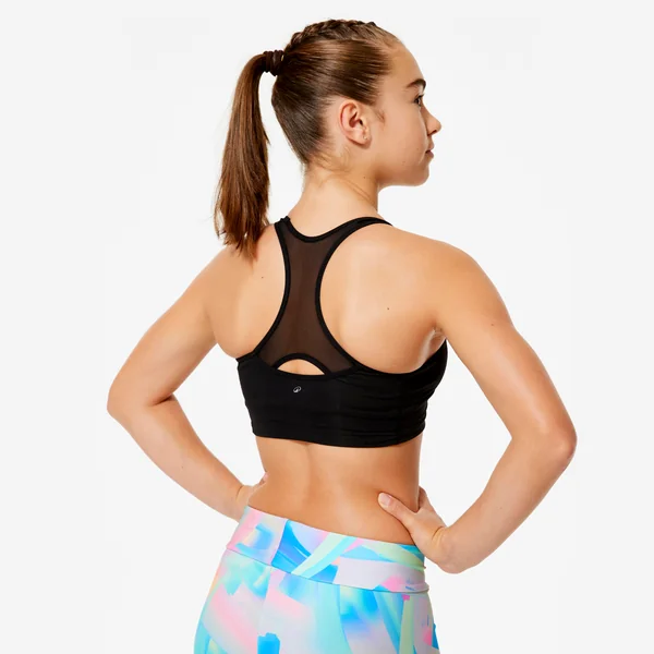 Brassière de gym respirante fille, noire à sequins