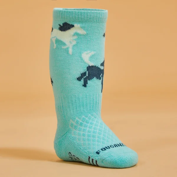 Chaussettes équitation 500 BABY turquoise et vert avec motifs