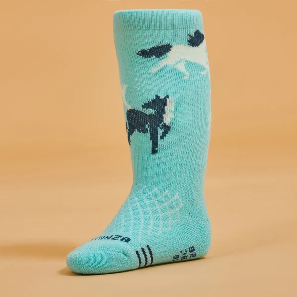 Chaussettes équitation 500 BABY turquoise et vert avec motifs