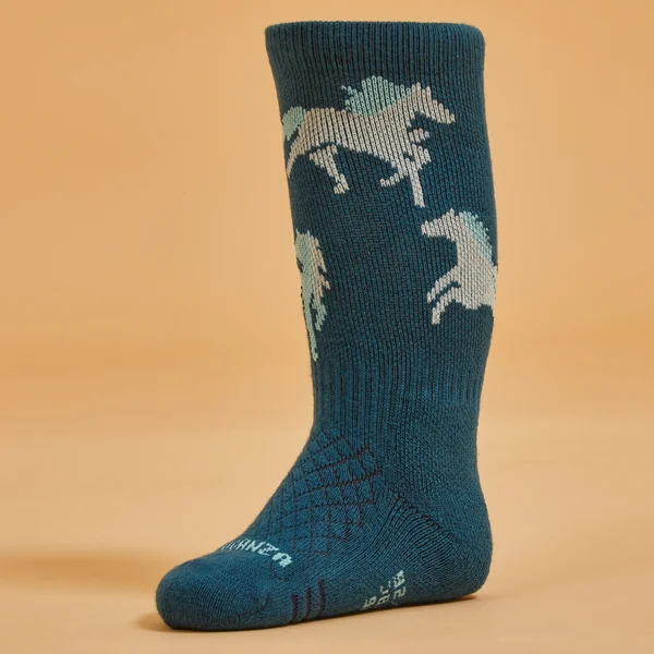 Chaussettes équitation 500 BABY turquoise et vert avec motifs