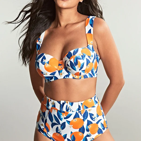 Culotte de bain taille Haute avec ceinture - Orange/Blanc