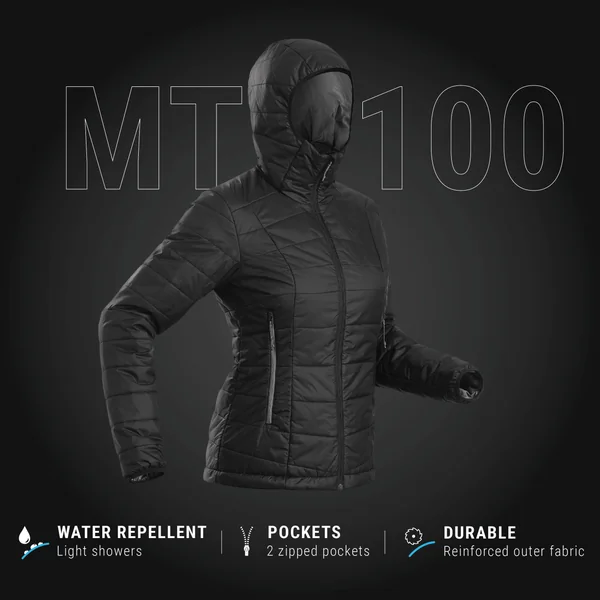 Doudoune synthétique à capuche de trek montagne - Noir - MT100 -5 °C - Femme