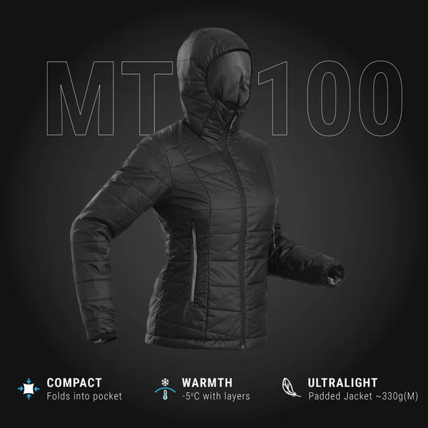 Doudoune synthétique à capuche de trek montagne - Noir - MT100 -5 °C - Femme