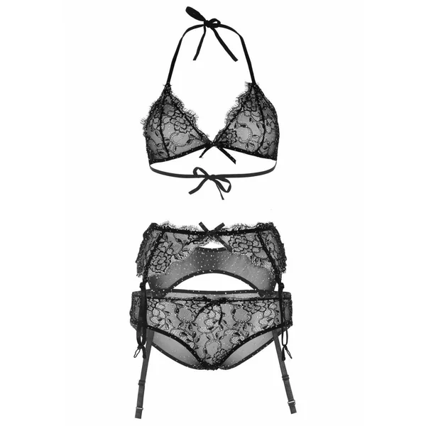 Ensemble 3 pièces bralette, slip et porte-jaretelles noir