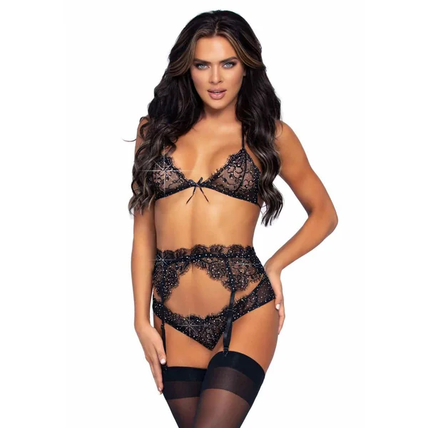 Ensemble 3 pièces bralette, slip et porte-jaretelles noir