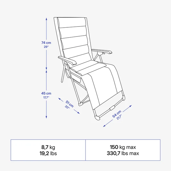 Fauteuil long de camping relax, pliant et matelassé, avec appuie tête