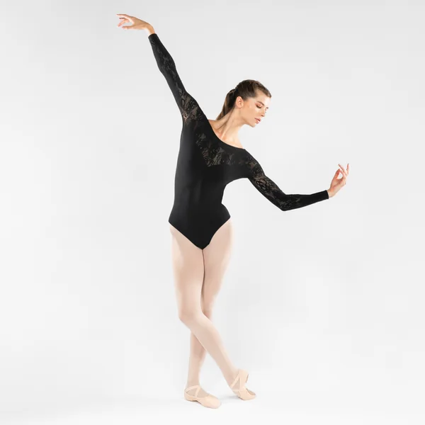 Justaucorps danse en dentelle noir manches longues femme, noir