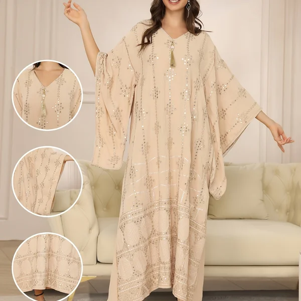 Kimono abaya femme brodé perles, pendentif, manches trois quarts.