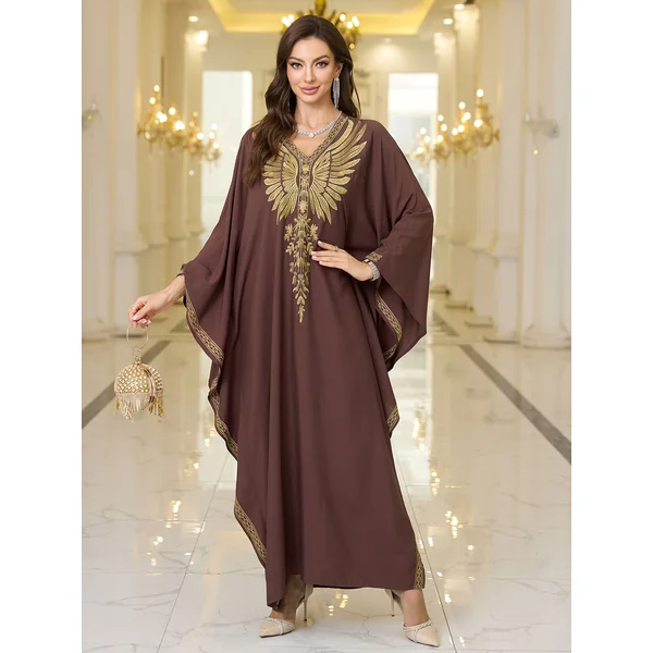 Kimono abaya femme brodée, col V, manches chauve-souris chic.