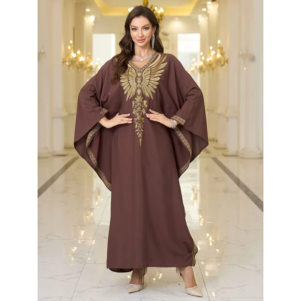Kimono abaya femme brodée, col V, manches chauve-souris chic.