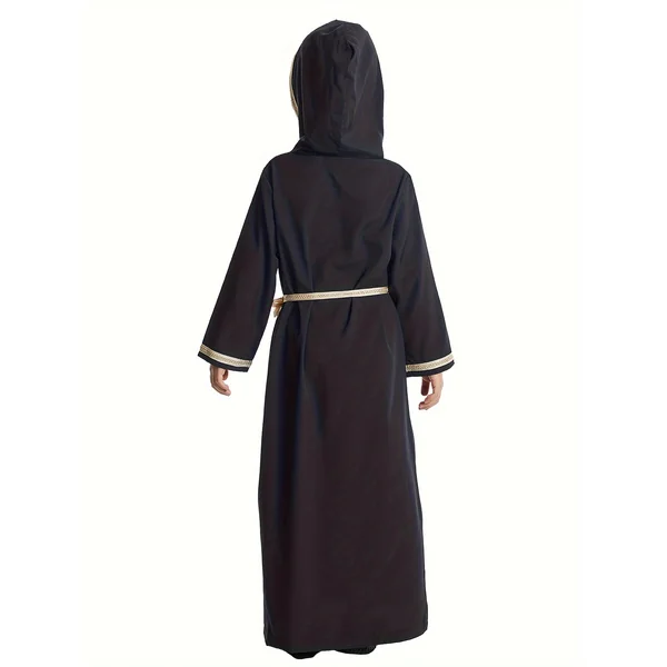 Kimono Abaya fille à Capuche Traditionnelle du Moyen-Orient | Bordure Dorée & Détail Ceinture | Lavable en Machine | Tenue Décontractée