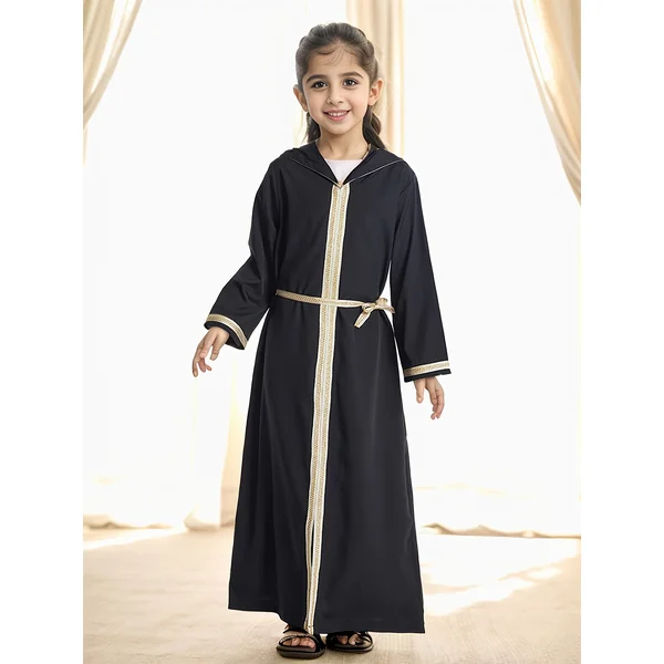 Kimono Abaya fille à Capuche Traditionnelle du Moyen-Orient | Bordure Dorée & Détail Ceinture | Lavable en Machine | Tenue Décontractée