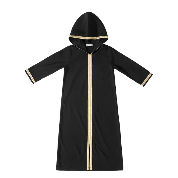 Kimono Abaya fille à Capuche Traditionnelle du Moyen-Orient | Bordure Dorée & Détail Ceinture | Lavable en Machine | Tenue Décontractée
