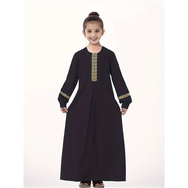 Kimono Abaya Fille à Manches Longues – Noir avec Broderie Dorée, Fermeture Éclair, Col Rond, Toutes Saisons.