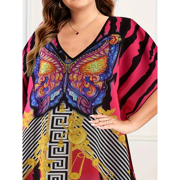 Kimono abaya grande taille rayé, col V et coupe chauve-souris