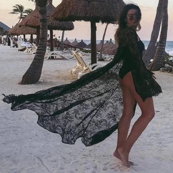 Kimono Plage Dentelle Noir Long