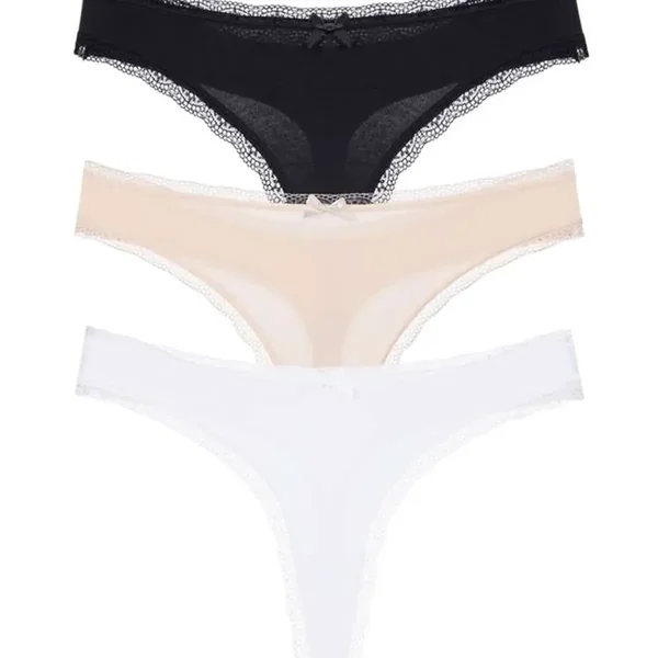 Lot de 3 strings en coton noir, blanc et chair Dorina