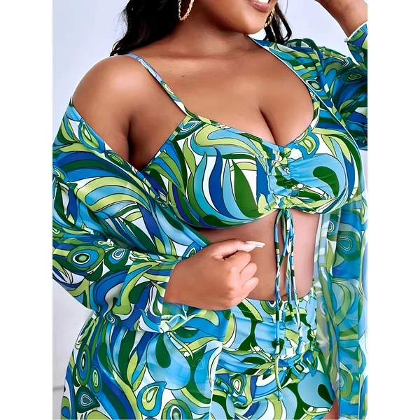 Maillot de bain 3 pièces, imprimé irrégulier, haut à cordon de serrage, grande taille.