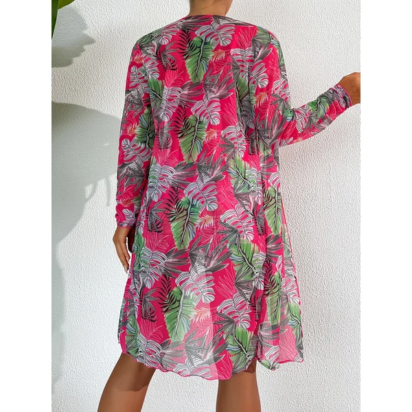 Maillot de bain trois pièces avec imprimé végétal et kimono anti-UV, pour femmes, élégant et décontracté pour les vacances.