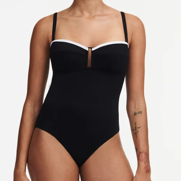 Maillot de bain une pièce sans armature et bretelle amovible - Noir/Blanc
