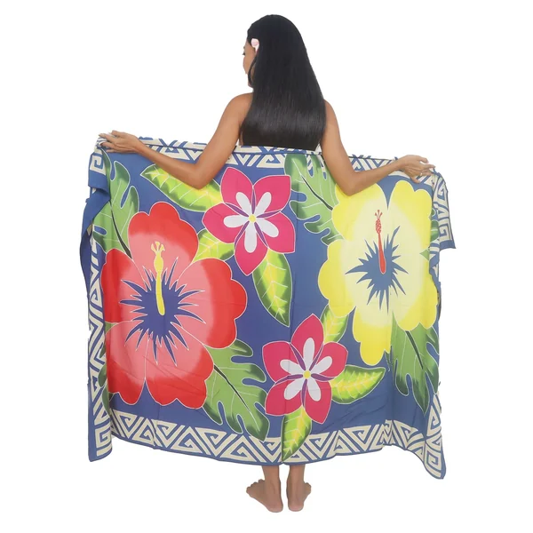 Paréo peint main double hibiscus bleu nuit
