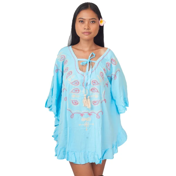 Robe bleu turquoise d'été brodée femme
