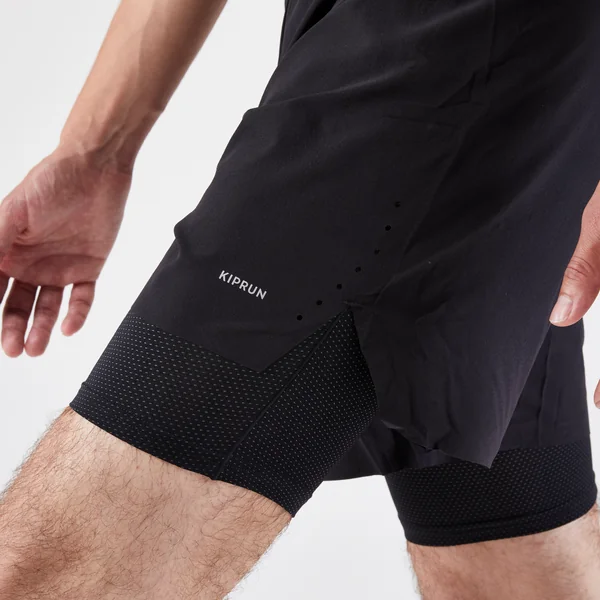 Short 2 en 1 de running Homme - KIPRUN Run 500 Confort Noir