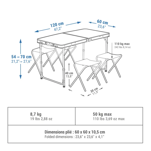 Table de camping pliante, 4 tabourets, 4 à 6 personnes, vert