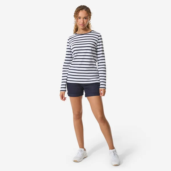 Tee-shirt marinière femme manches longues femme, 100 blanc bleu marine