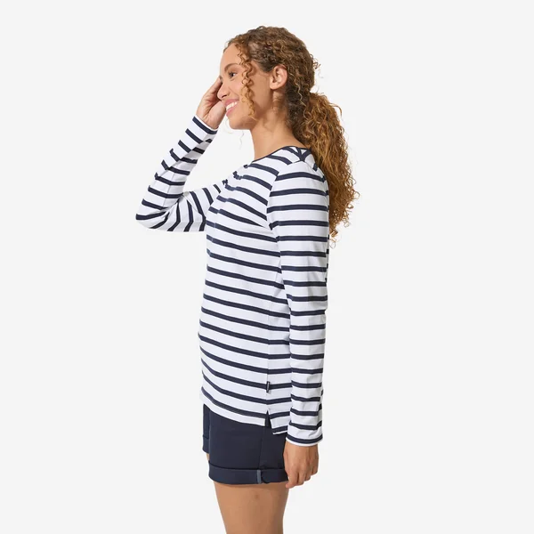 Tee-shirt marinière femme manches longues femme, 100 blanc bleu marine