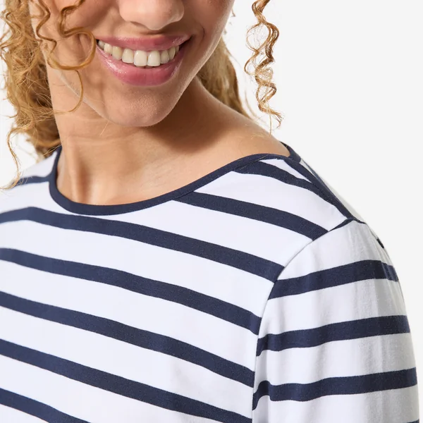 Tee-shirt marinière femme manches longues femme, 100 blanc bleu marine