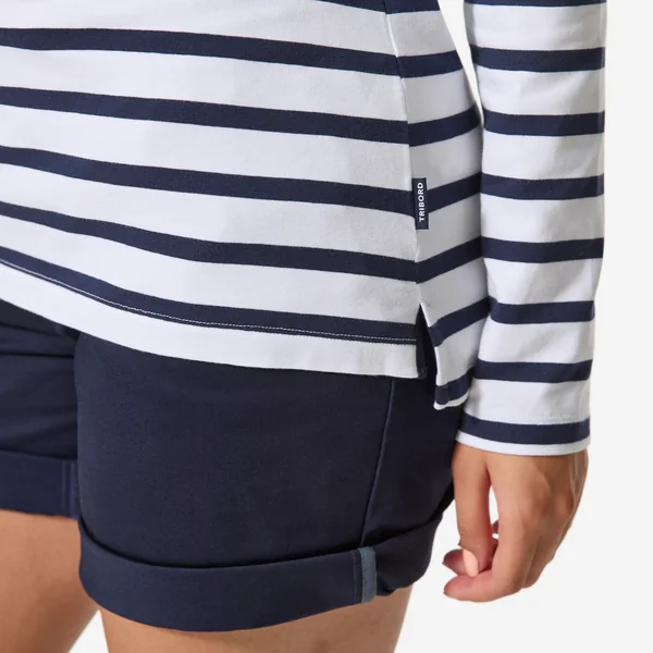 Tee-shirt marinière femme manches longues femme, 100 blanc bleu marine