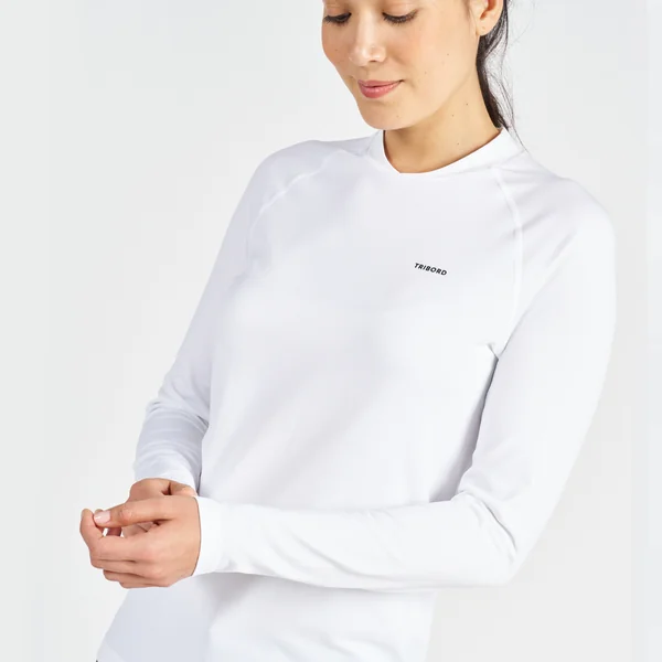 T-shirt anti-uv manches longues sailing 500 femme blanc, manche plasma