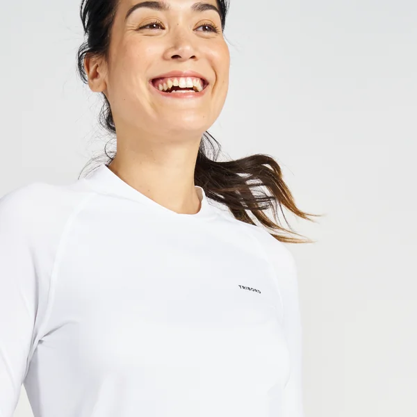 T-shirt anti-uv manches longues sailing 500 femme blanc, manche plasma