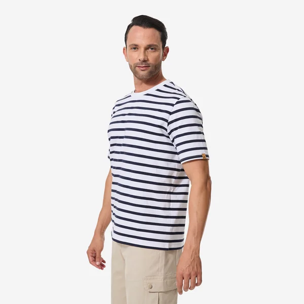 T-shirt marinière voile homme, 100 blanc rayé bleu