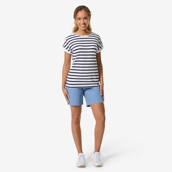 T-shirt marinière voile manches courtes femme sailing 100 blanc bleu marine