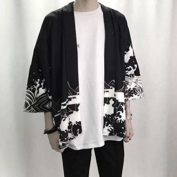 Veste Kimono Japonais Cascade Dragon Noir