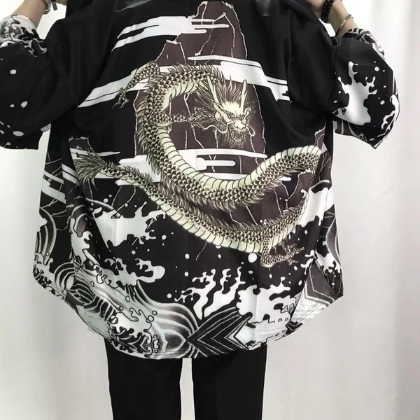 Veste Kimono Japonais Cascade Dragon Noir